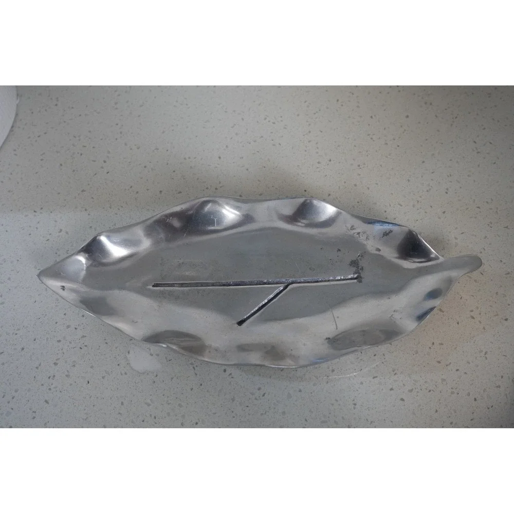 vintage trinket holder leaf shape pewter with patina 9 inches‎ long
